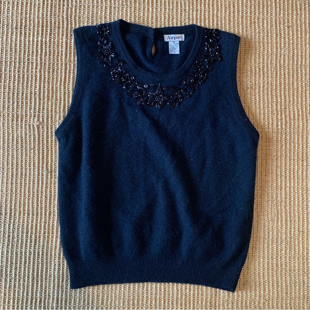 Airport Vintage Wool & Angora Sleeveless Beaded Sweater Top in Black, Small